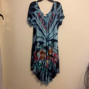 NWOT Exist Dress Women Bohemian  Light & Dark Blue w/Floral  Accents Rayon - OS